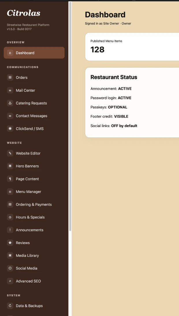 Real Streetwise admin panel navigation screenshot