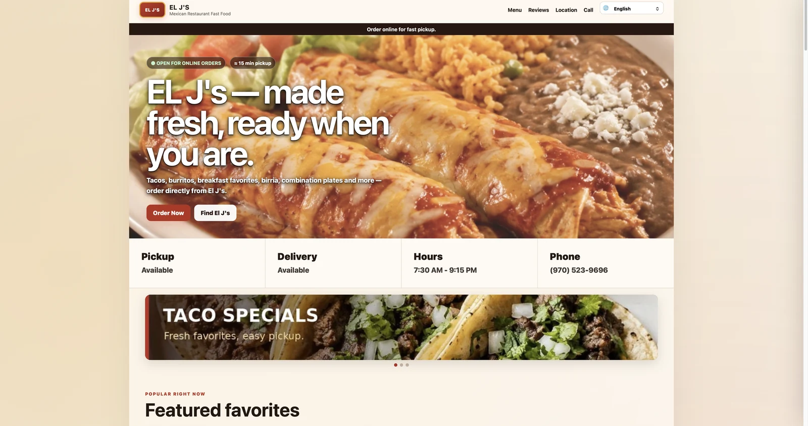 EL J's Mexican Restaurant website screenshot