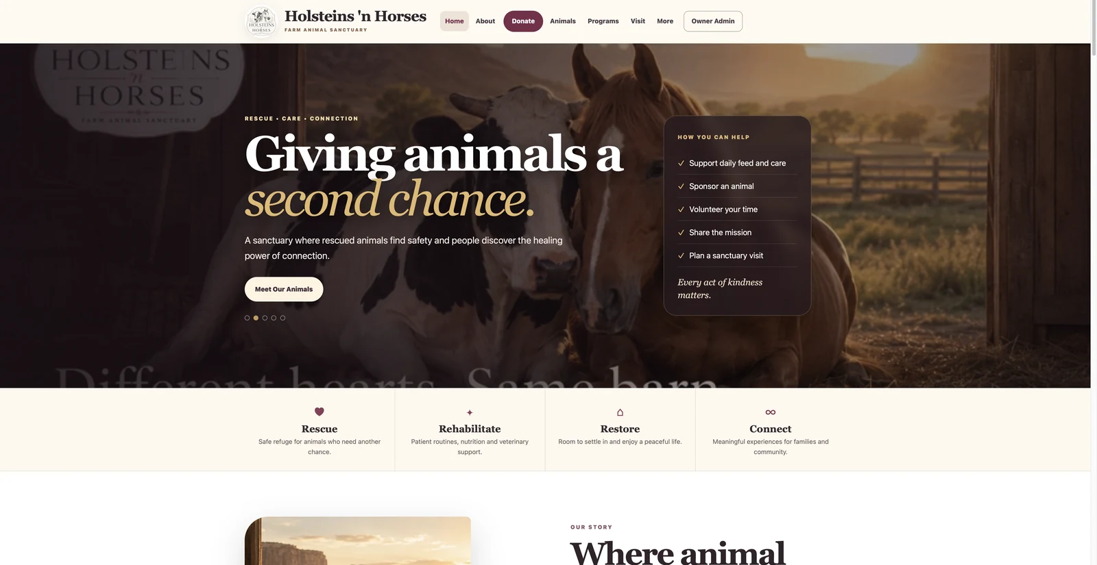 Holsteins and Horses sanctuary website screenshot