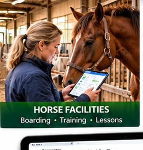 Animal care worker using a tablet with a horse
