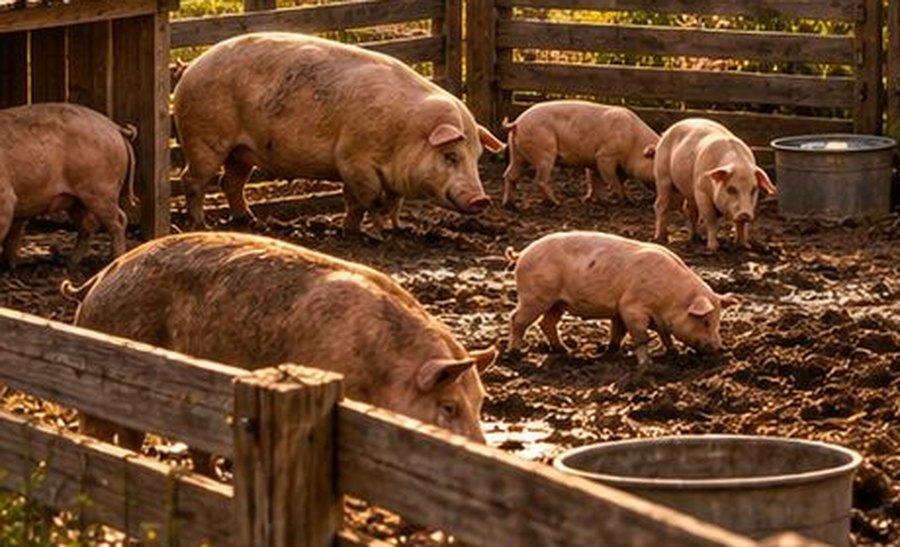 Pigs and piglets in a muddy pen