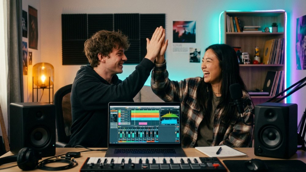 Two producers celebrating at a laptop