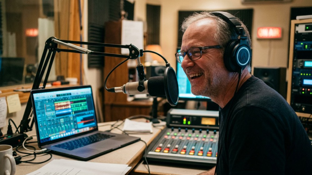 A radio DJ in the studio
