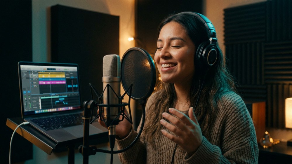 A singer in a vocal booth