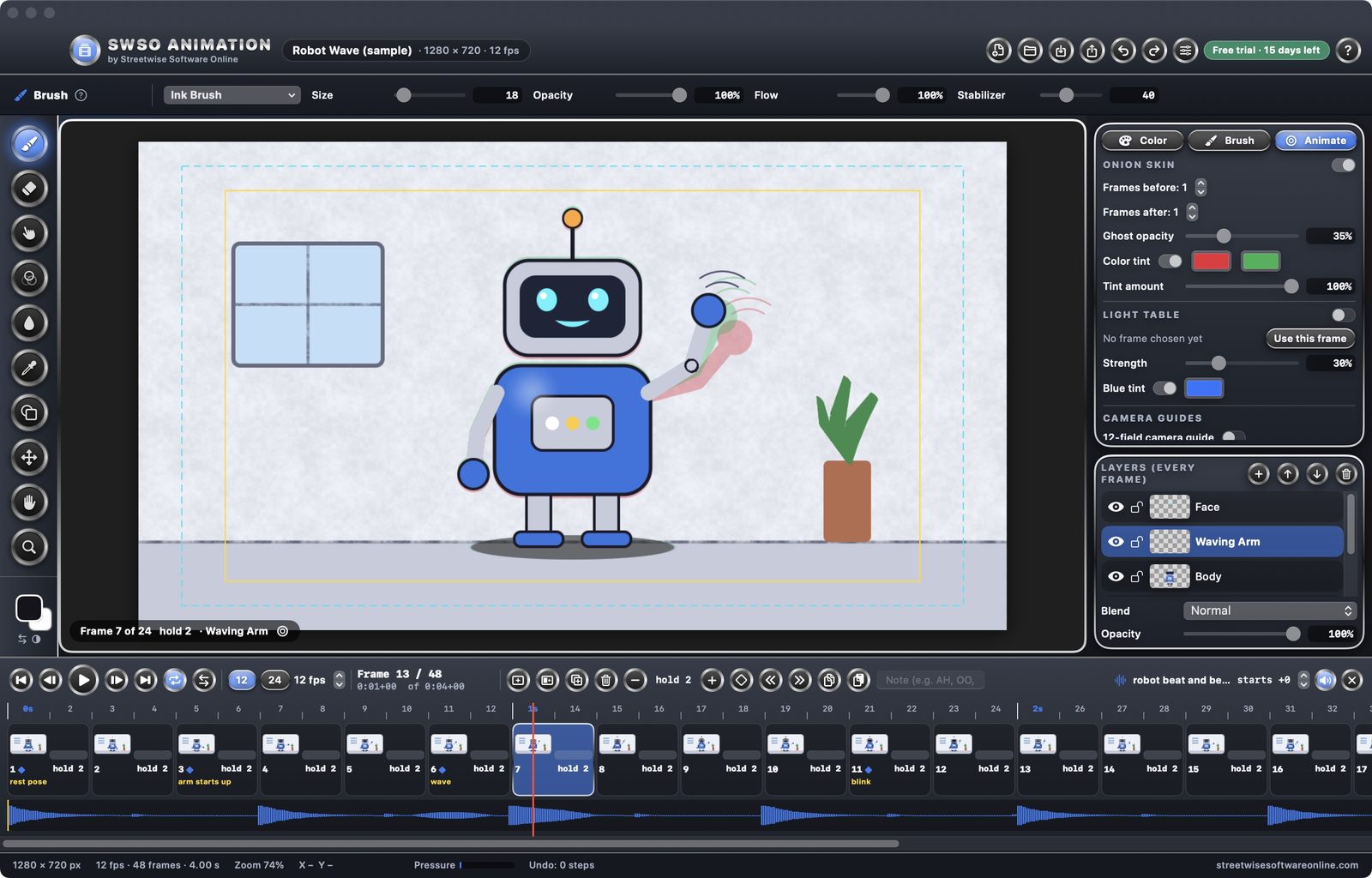 SWSO Animation with the Robot Wave sample open, showing the timeline, onion skin settings and layers