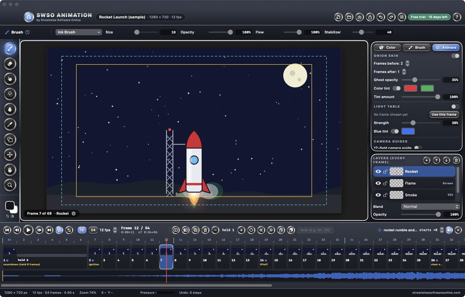 SWSO Animation with the Rocket Launch sample and its sound waveform under the frames