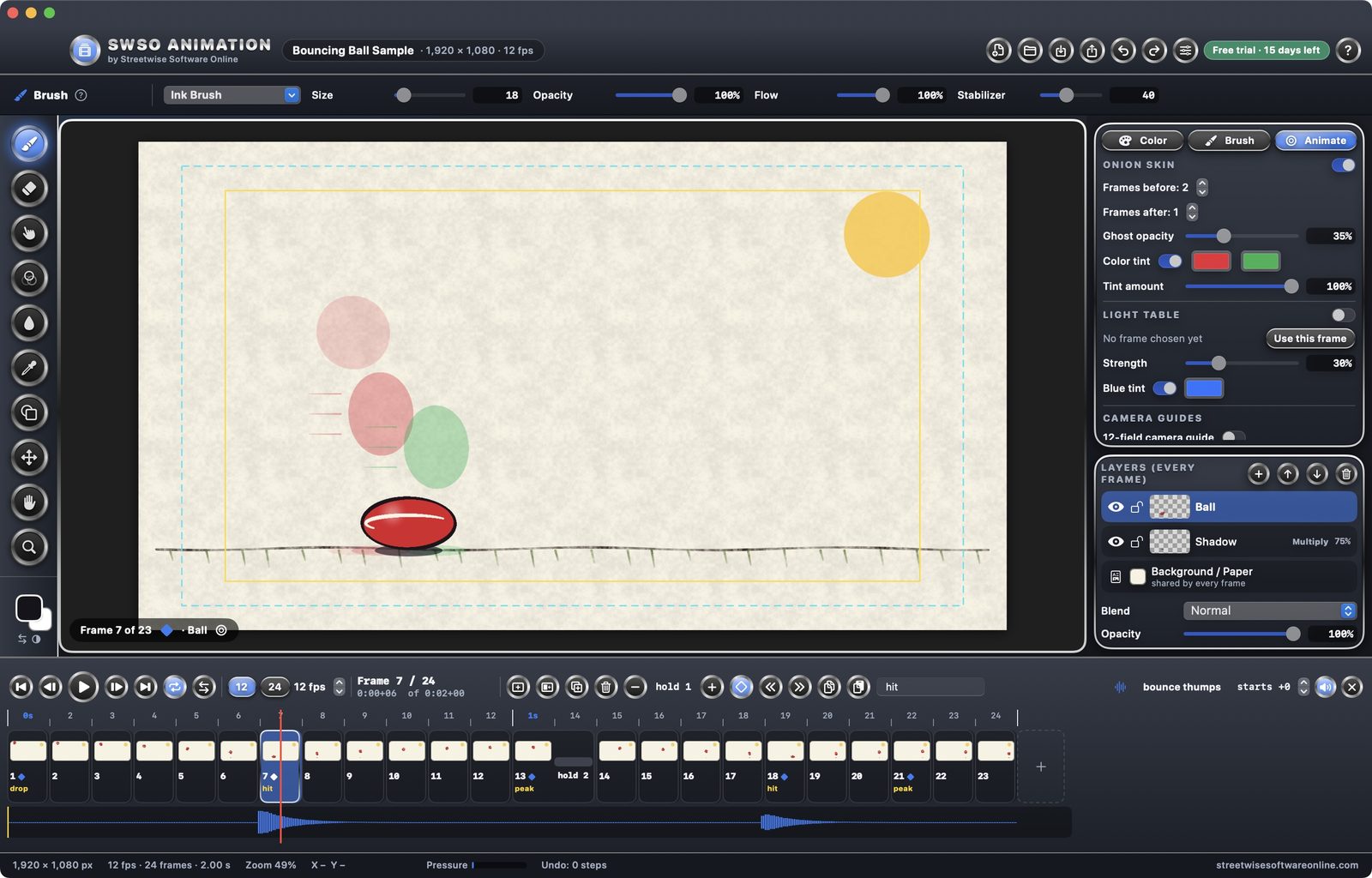 SWSO Animation with the Bouncing Ball sample and onion skin ghosts of the frames around it