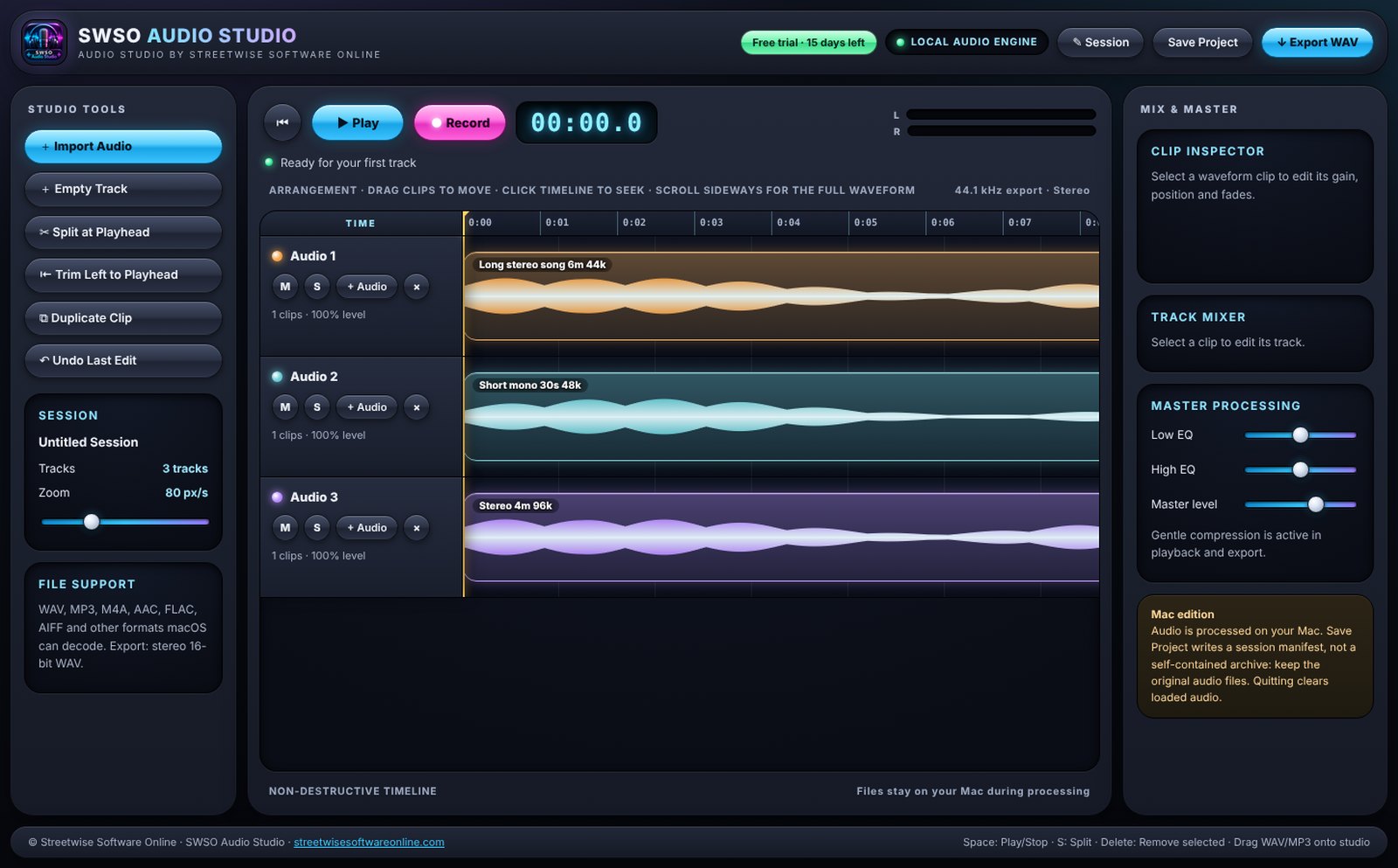 SWSO Audio Studio with three tracks of full stereo waveforms on the timeline