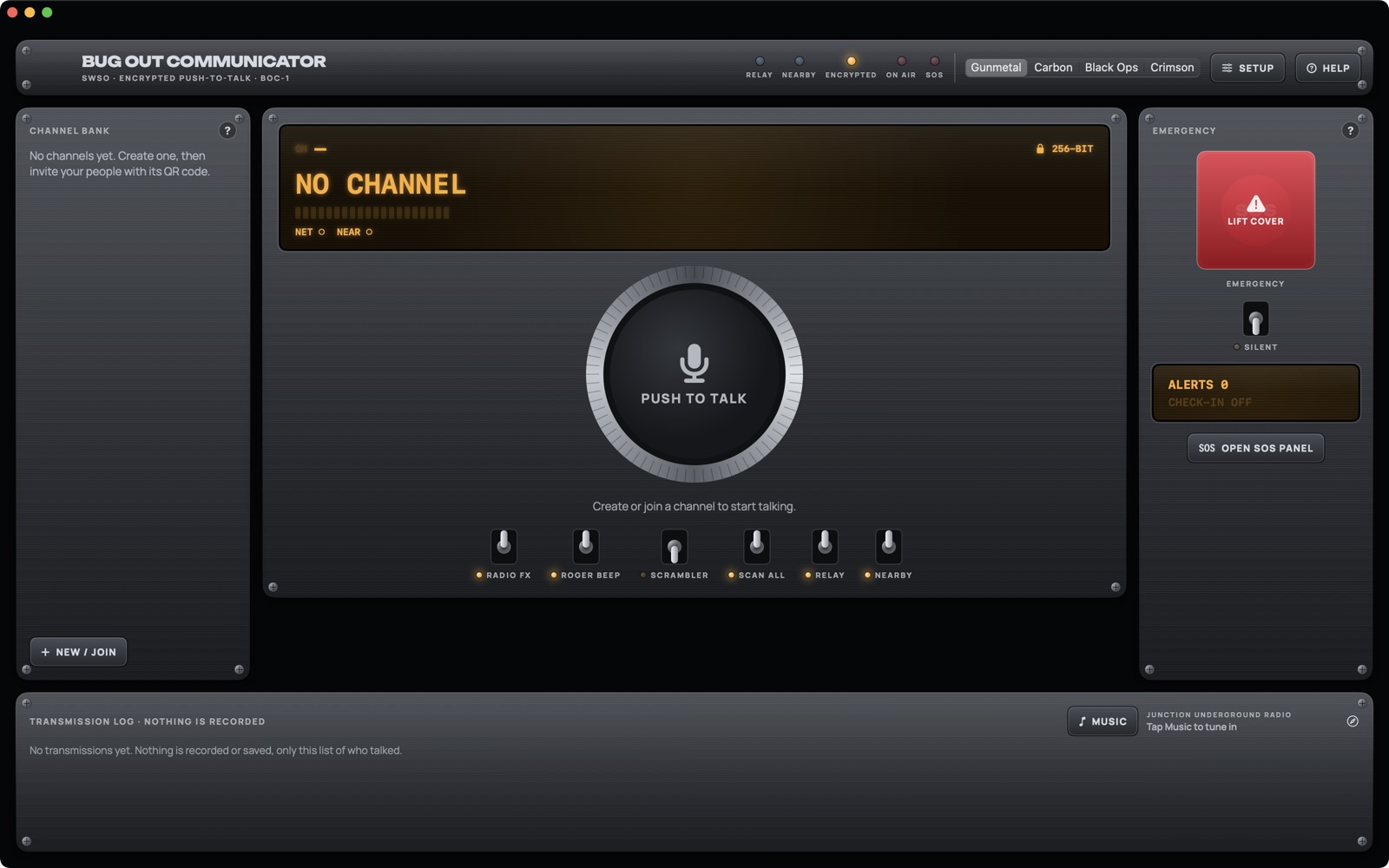 Bug Out Communicator main screen with the talk button and channel controls