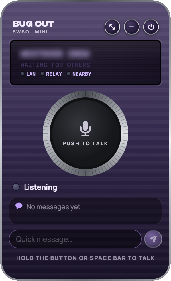 Bug Out Communicator 1.1 Mini mode: a small round chrome panel with the channel, status lights and a big Push to Talk button