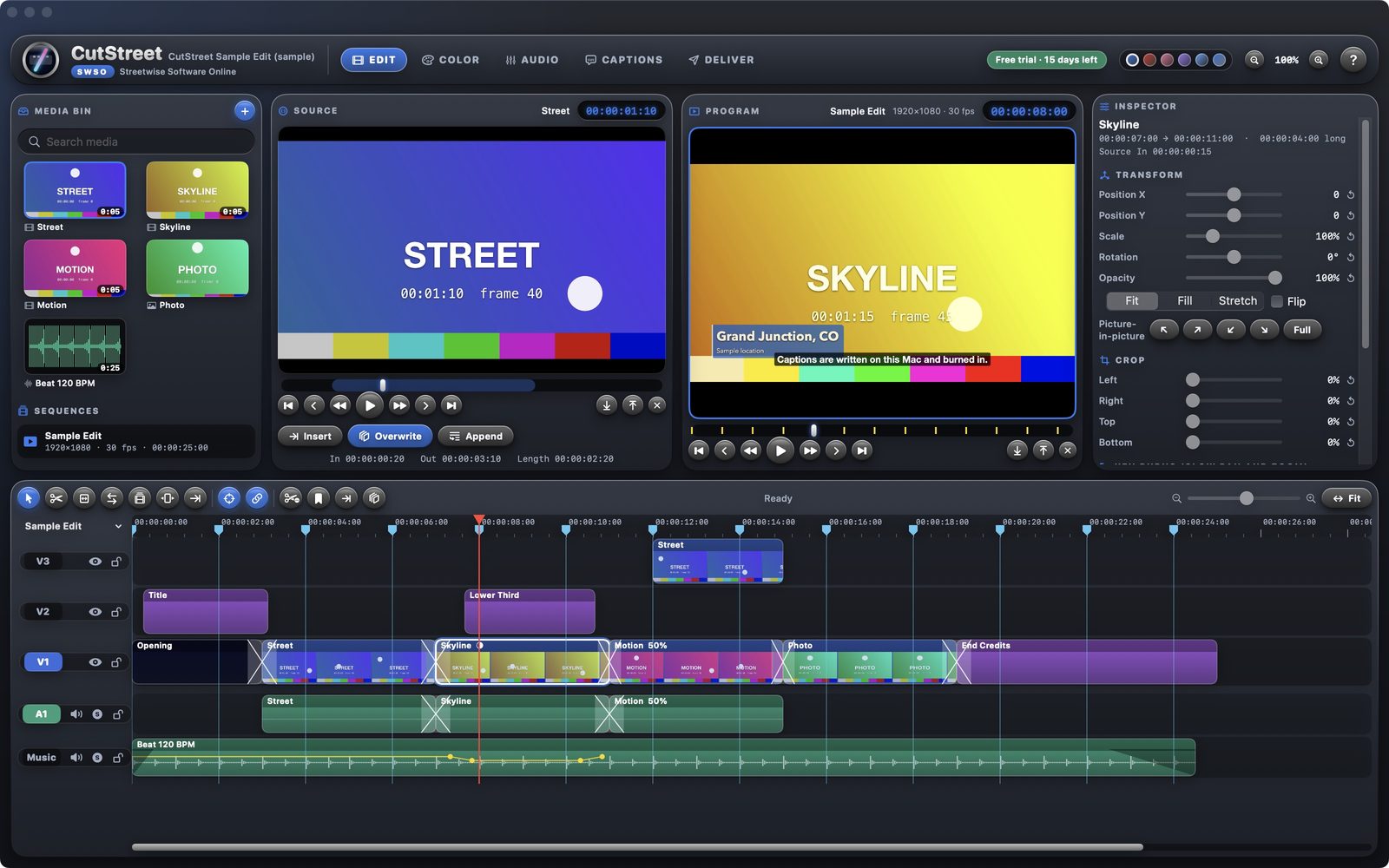 SWSO CutStreet edit page with the sample edit on the timeline and source and program viewers