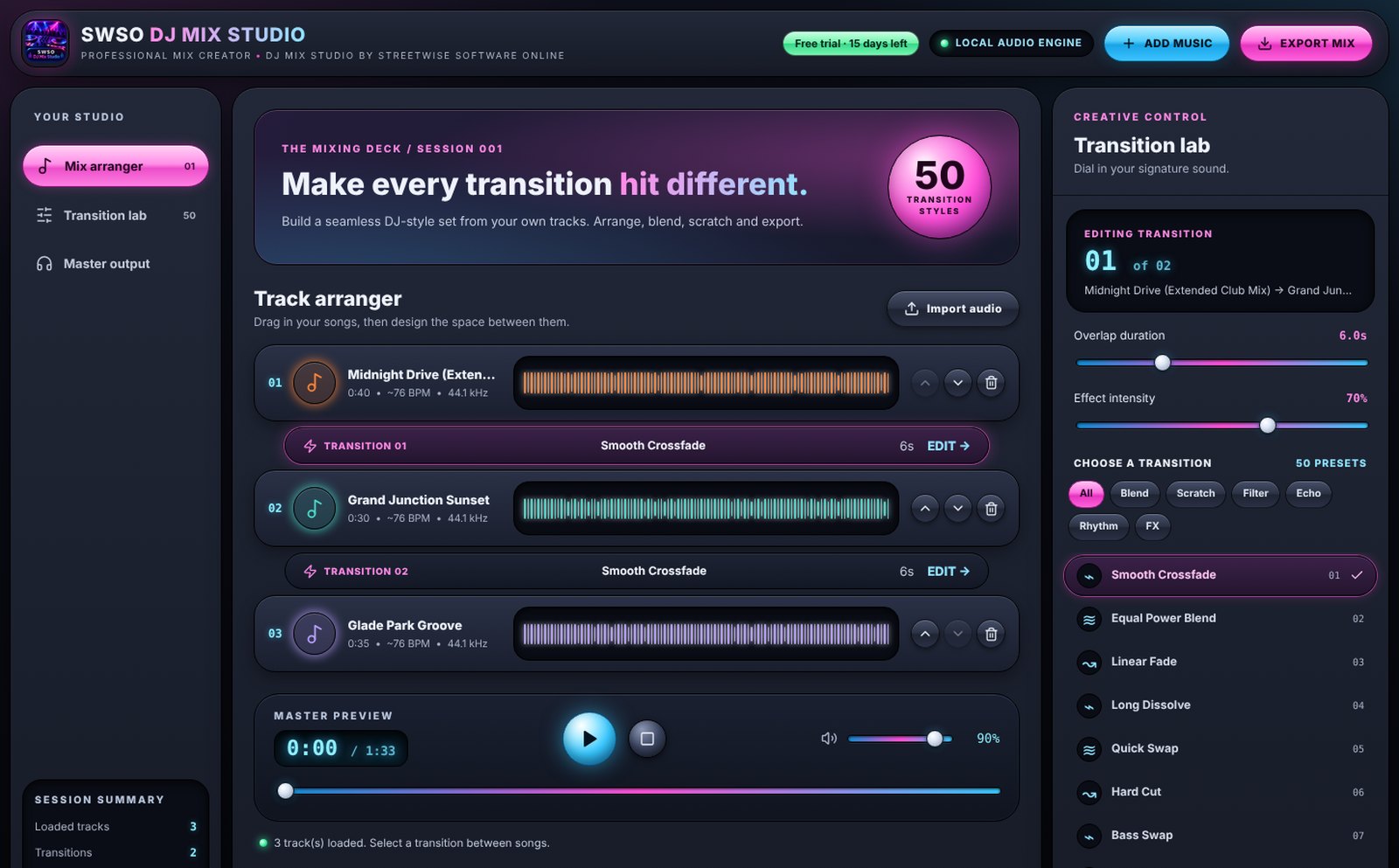 SWSO DJ Mix Studio with three songs arranged and the Transition lab open on Smooth Crossfade