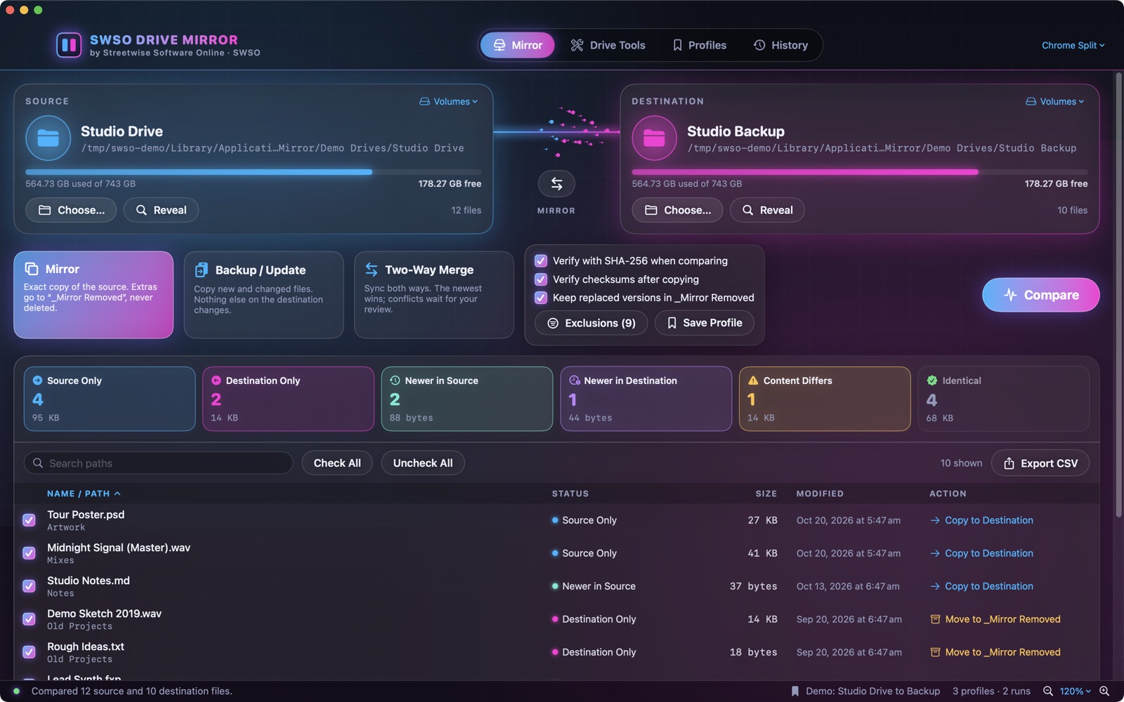 Sync mode choices: Mirror, Backup and Two-Way Merge
