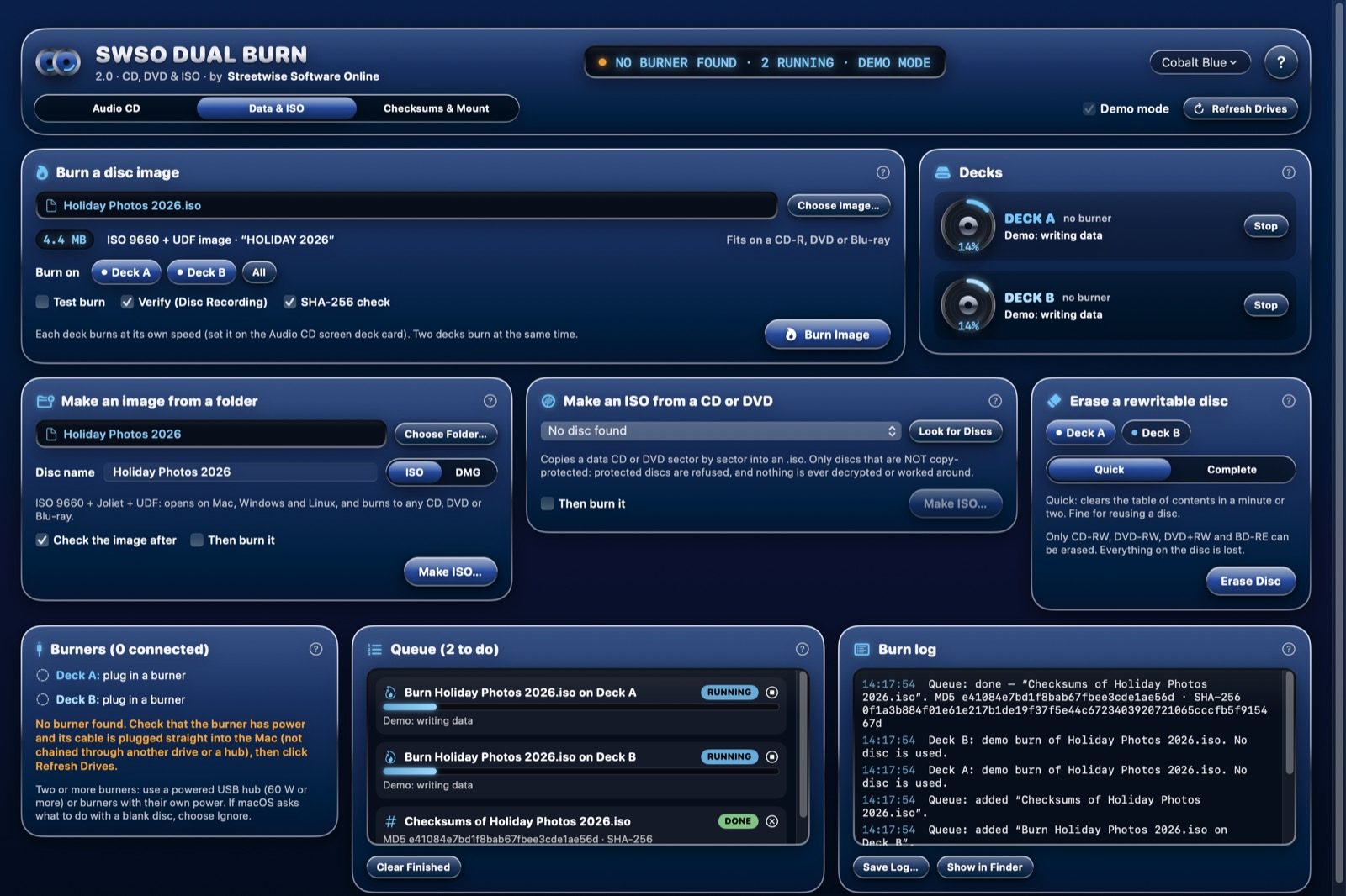 SWSO Dual Burn 2.0 Data and ISO screen burning one image on two decks at once in demo mode, with the queue and burn log