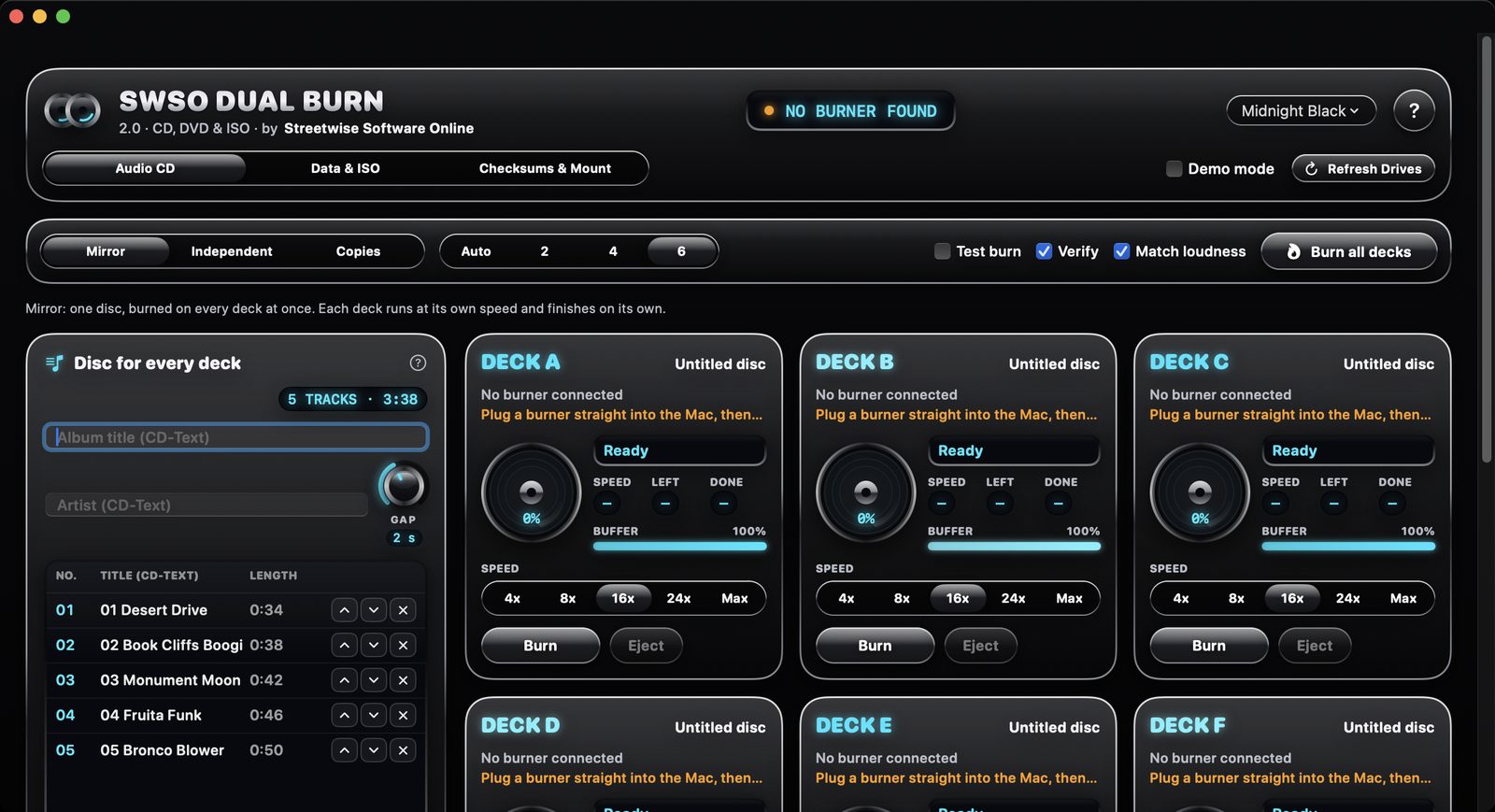 SWSO Dual Burn 2.0 Audio CD screen with five sample tracks and a deck for each burner