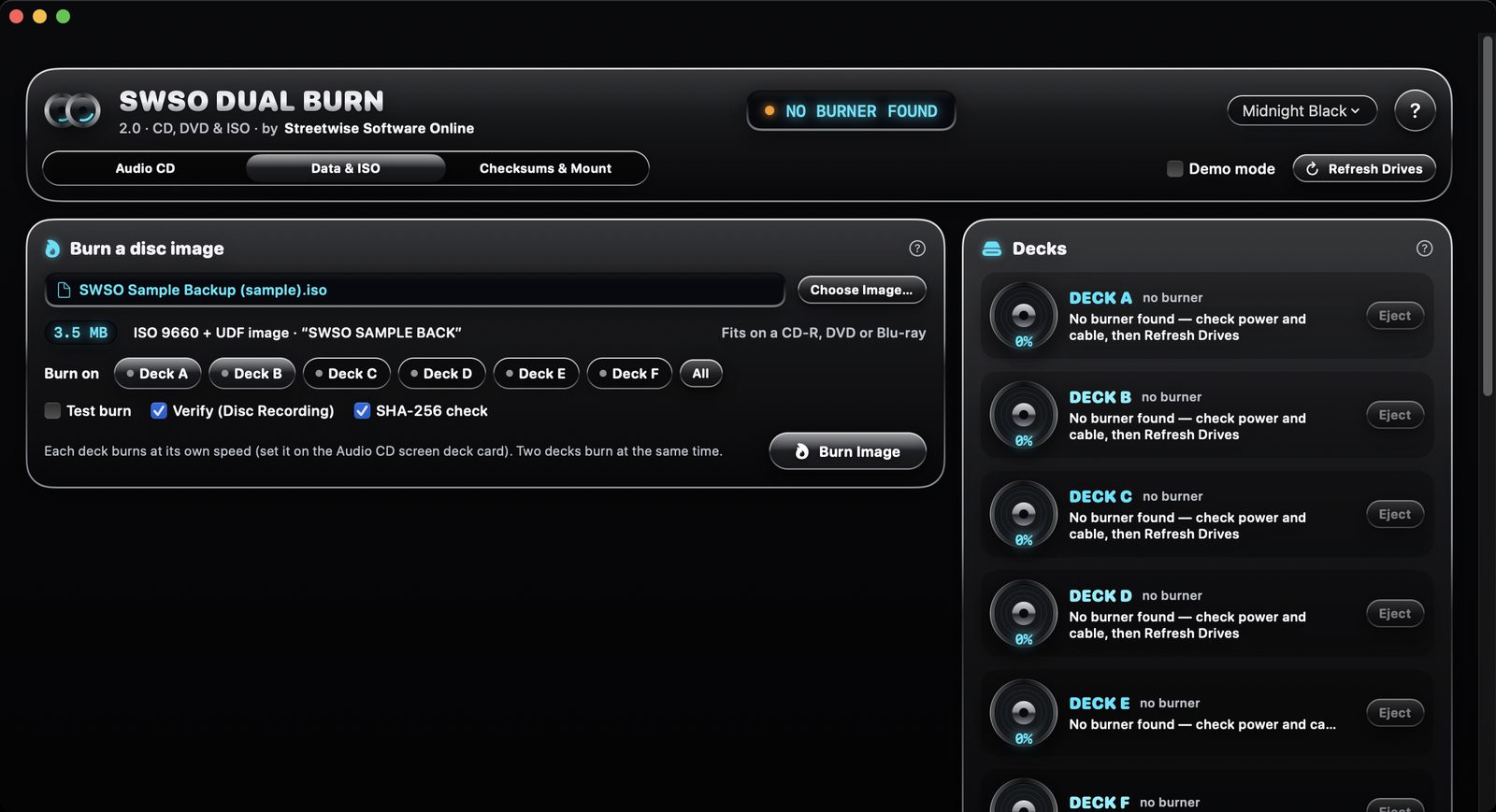 SWSO Dual Burn 2.0 Burn a disc image panel with a sample ISO