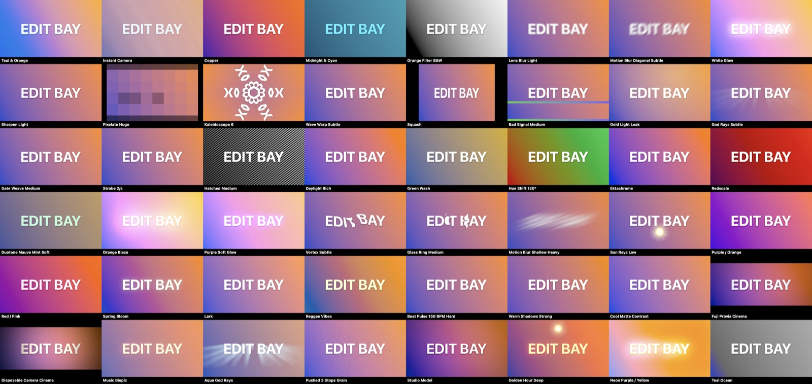 A contact sheet of Edit Bay effects applied to the same frame