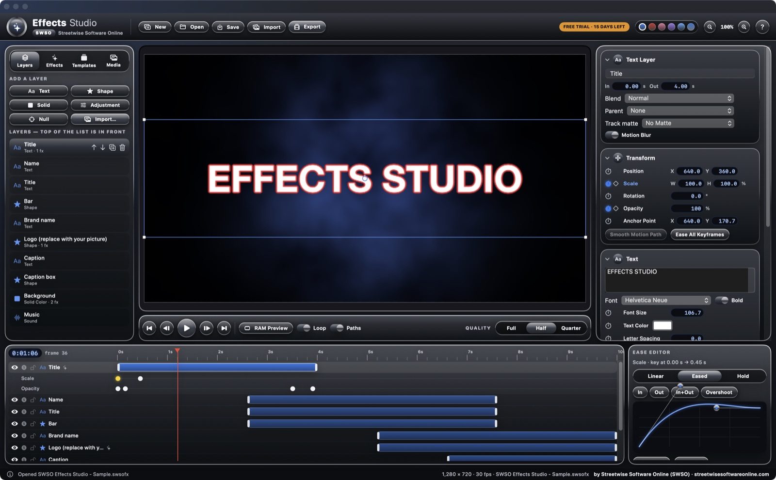 SWSO Effects Studio main window with a composition, timeline and inspector