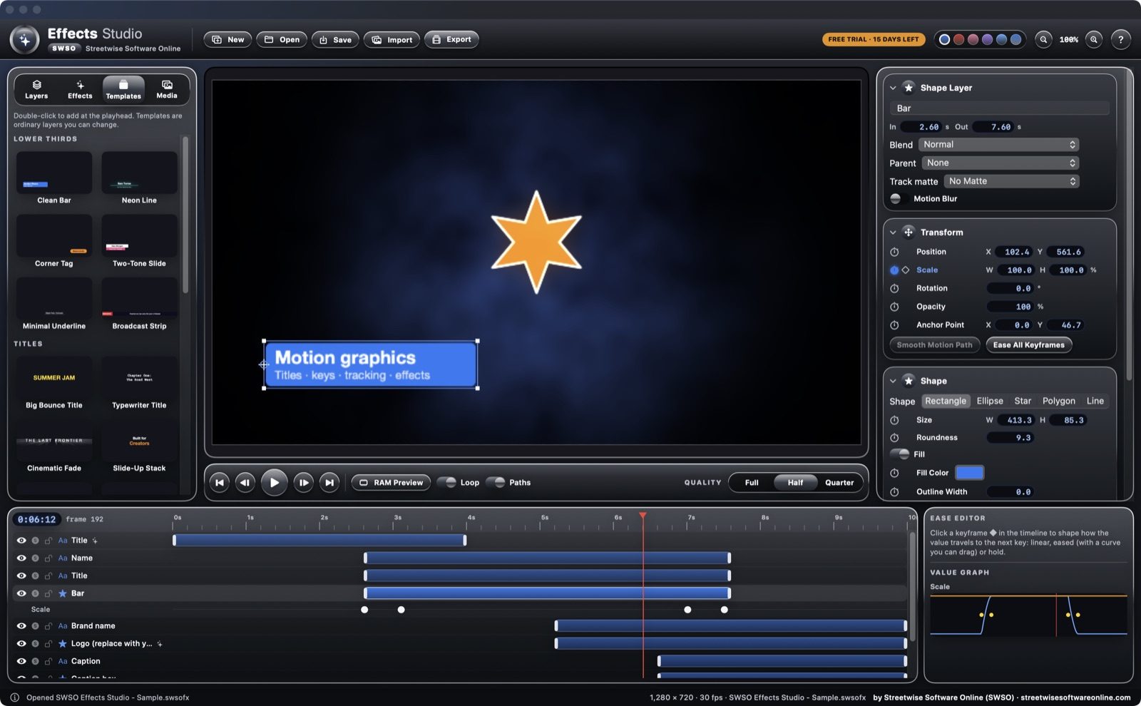 SWSO Effects Studio template browser with lower thirds, titles and logo reveals