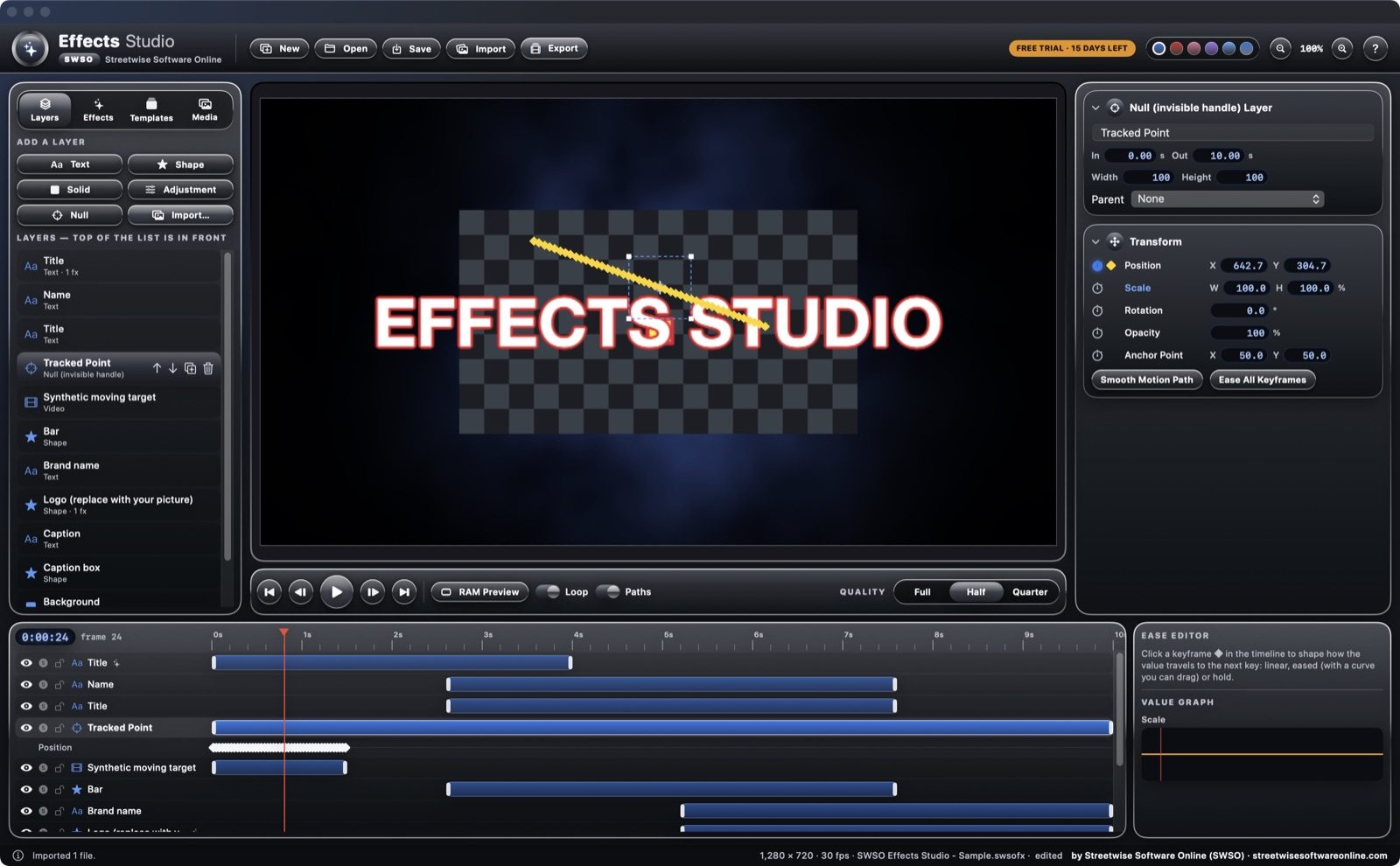 SWSO Effects Studio point tracker with a label following its motion path