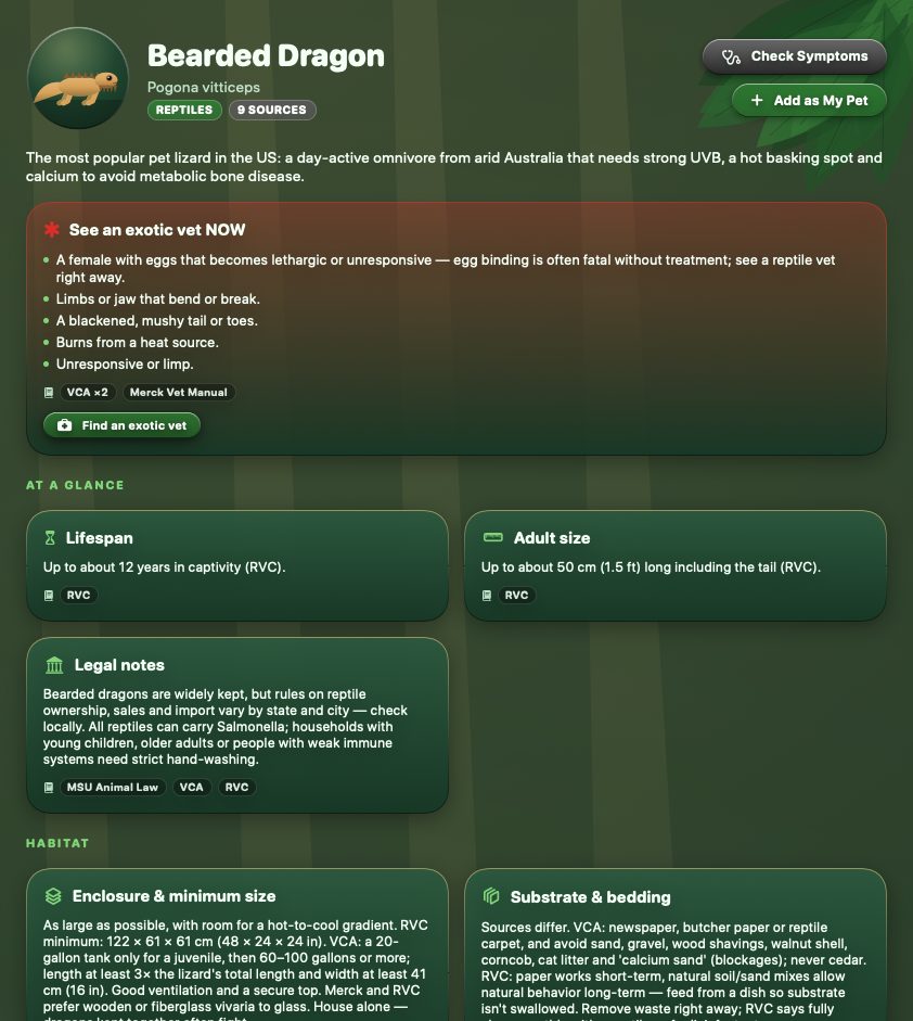 SWSO Exotic Pet Care bearded dragon care sheet with source chips on every section