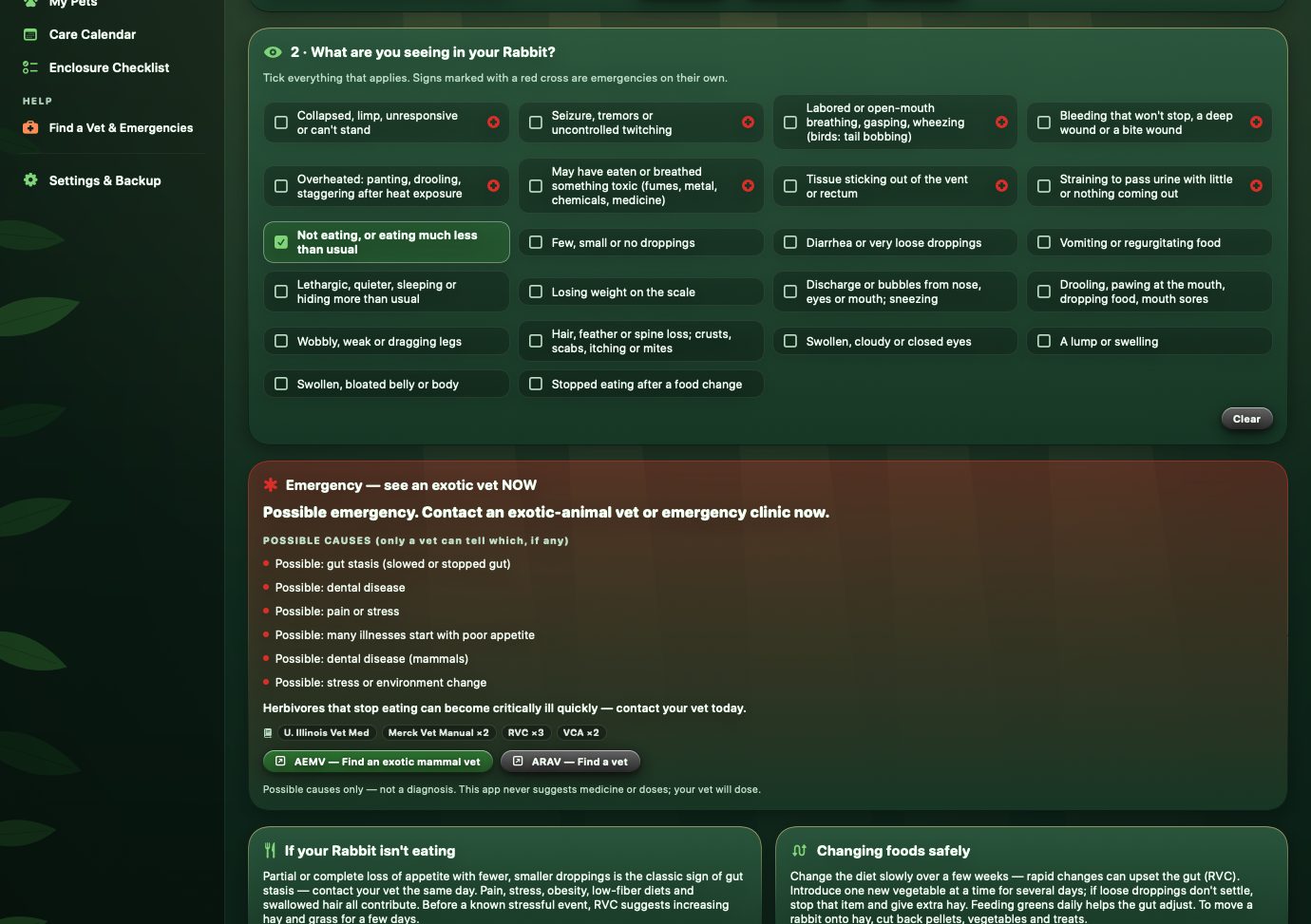 SWSO Exotic Pet Care symptom checker showing an emergency result for a rabbit