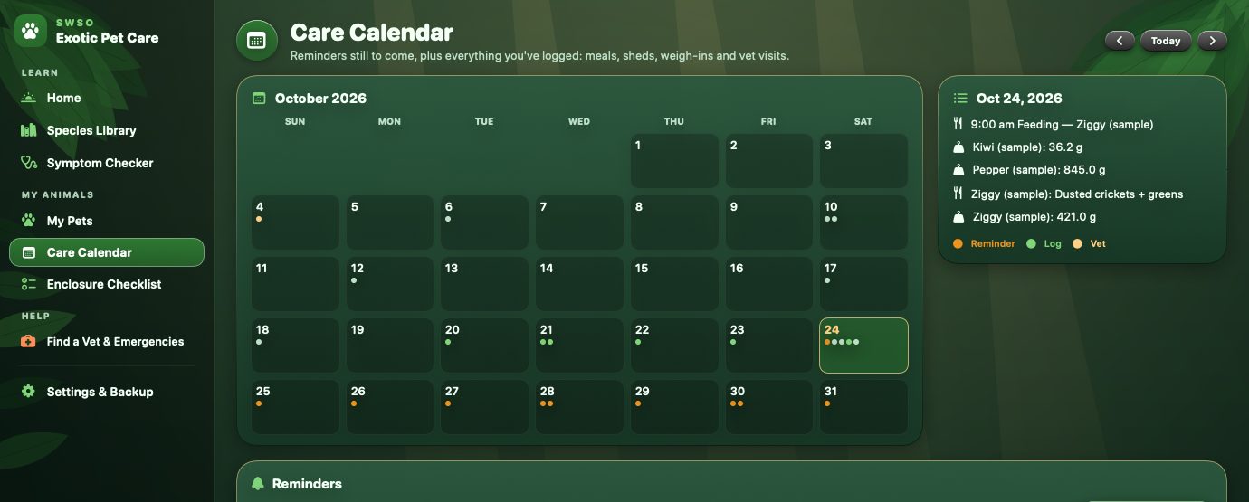 SWSO Exotic Pet Care Care Calendar with the day's reminders