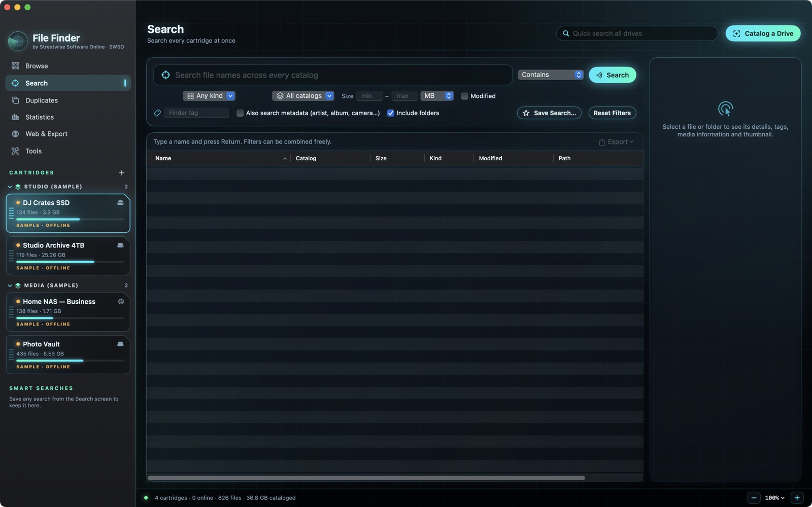 Search screen that looks across every cataloged drive at once