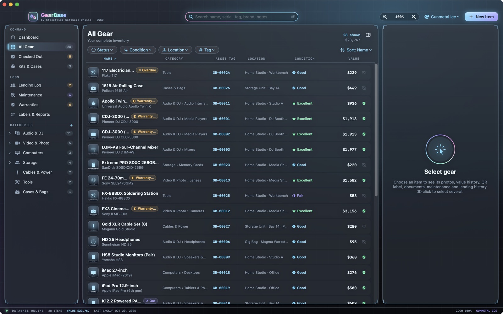 All Gear list with category, location, condition and value for every item