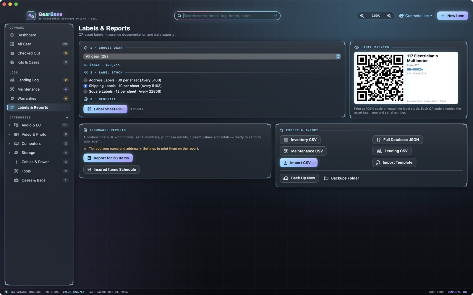 Labels and Reports with a QR label preview