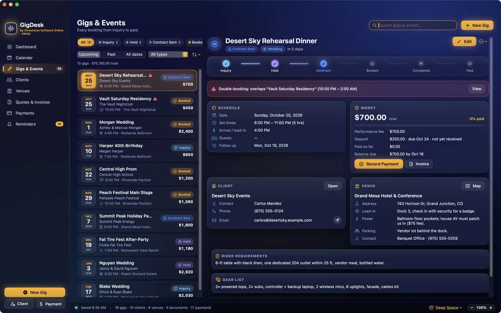 Gigs and Events list with a gig open in detail