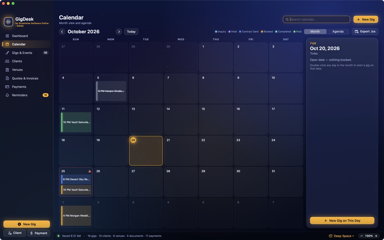 Month calendar with status-colored gig chips