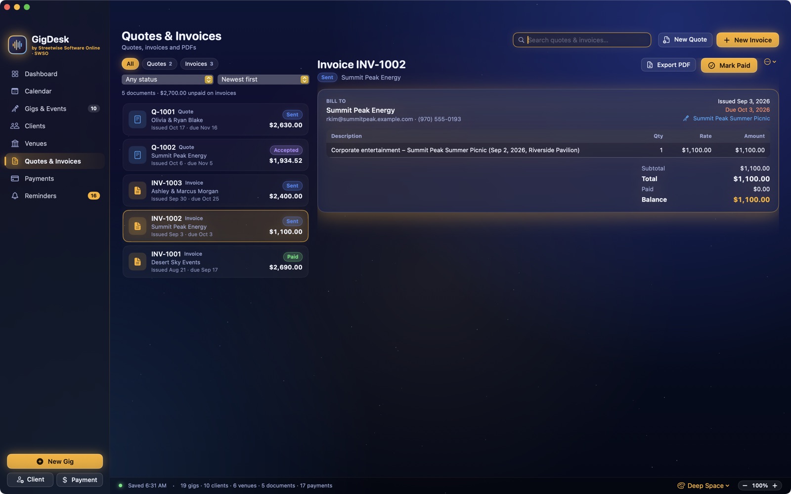 Quotes and Invoices with an invoice open