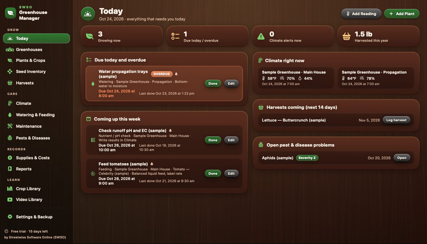 SWSO Greenhouse Manager Today screen with tasks, climate and harvests in the Redwood Grove theme