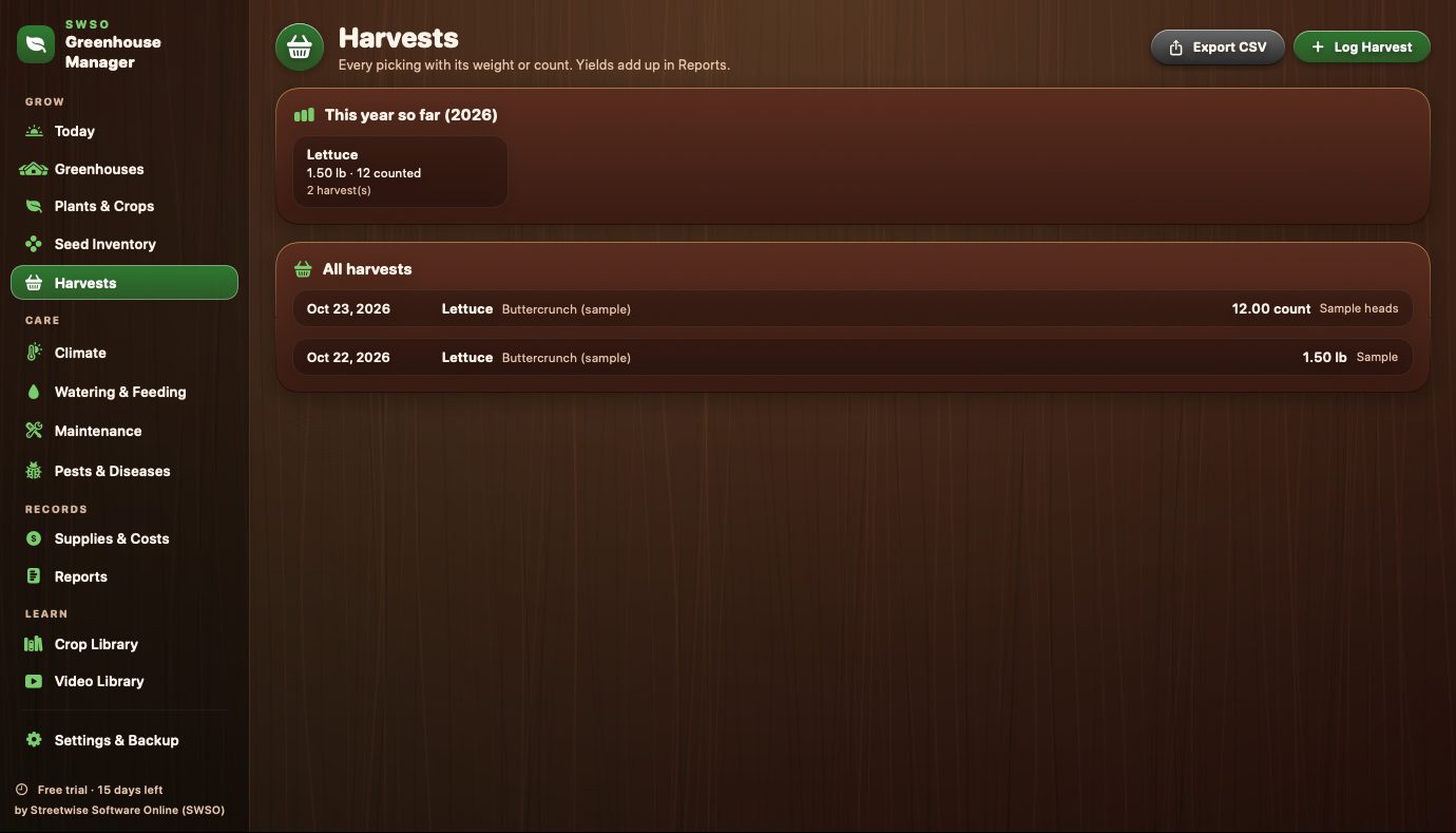 SWSO Greenhouse Manager Harvests list with weights for each crop