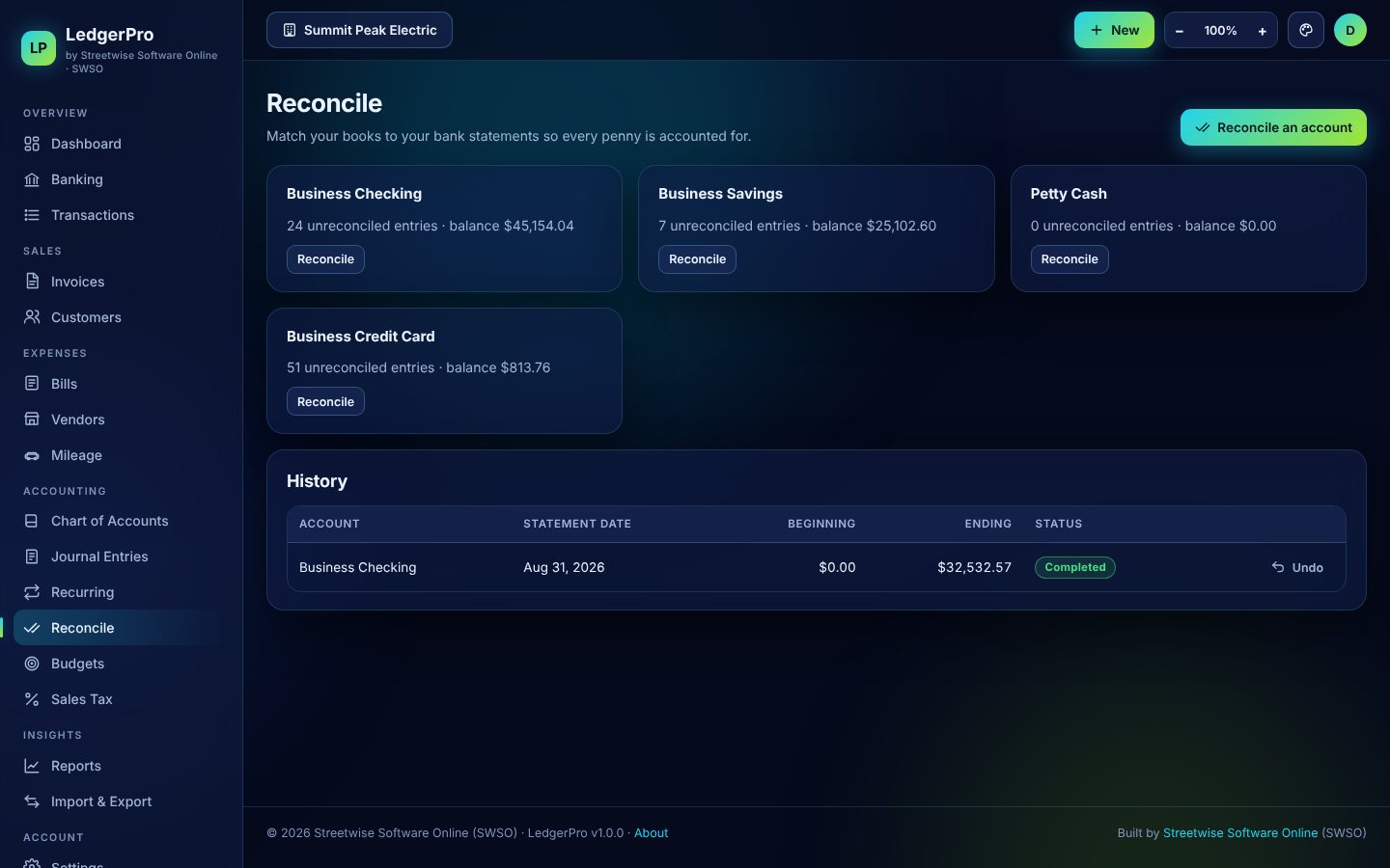Bank reconciliation screen