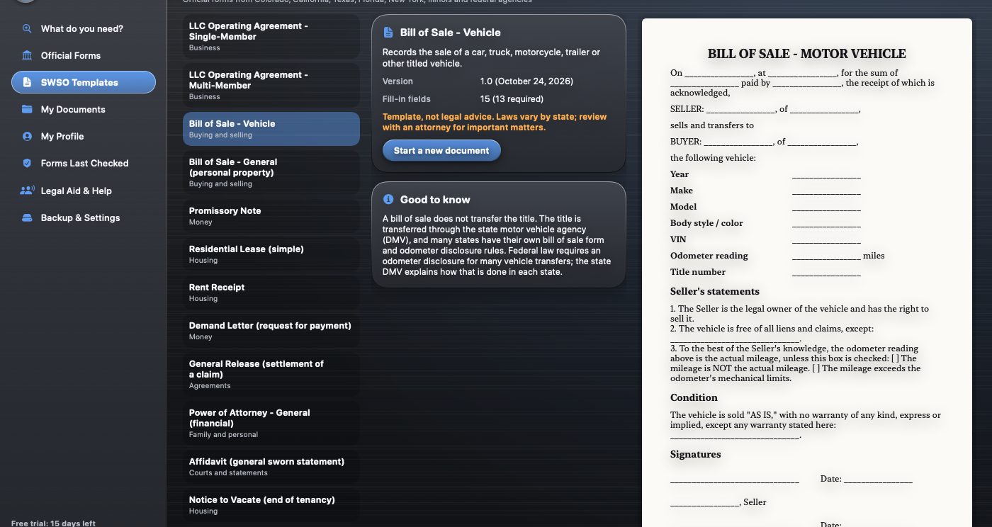 SWSO Legal Forms Library SWSO templates with a bill of sale preview