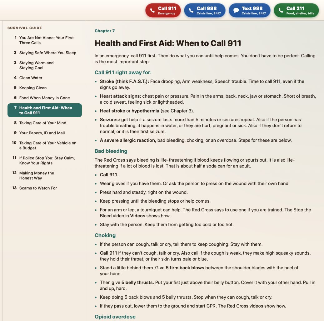 SWSO Living on the Road Survival Guide chapter on first aid and when to call 911