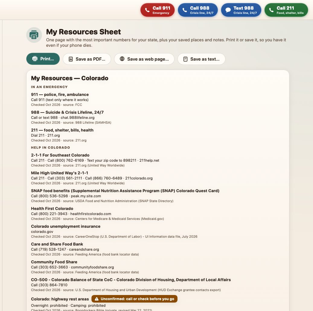 SWSO Living on the Road My Resources Sheet for one state, ready to print or save