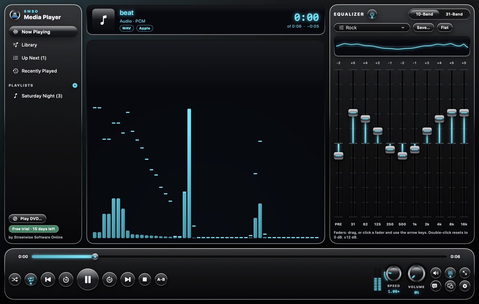 SWSO Media Player now playing, with the spectrum analyzer, knobs and 10-band equalizer