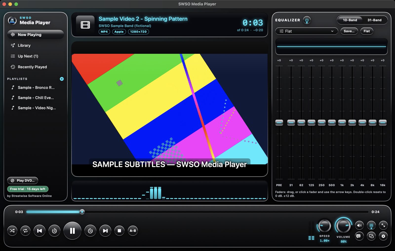 SWSO Media Player playing a sample video with subtitles