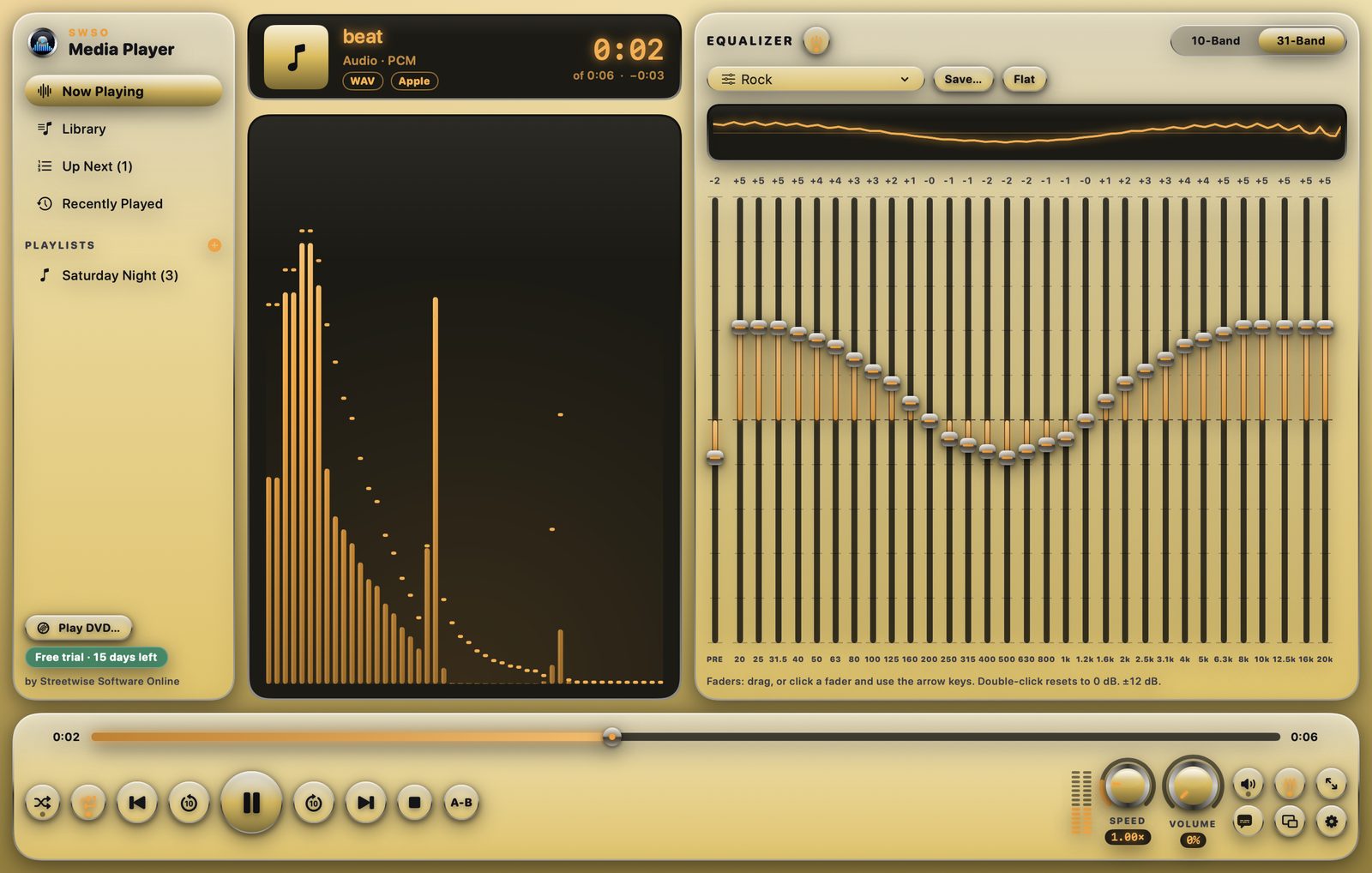 SWSO Media Player 31-band equalizer in the Chrome Gold theme
