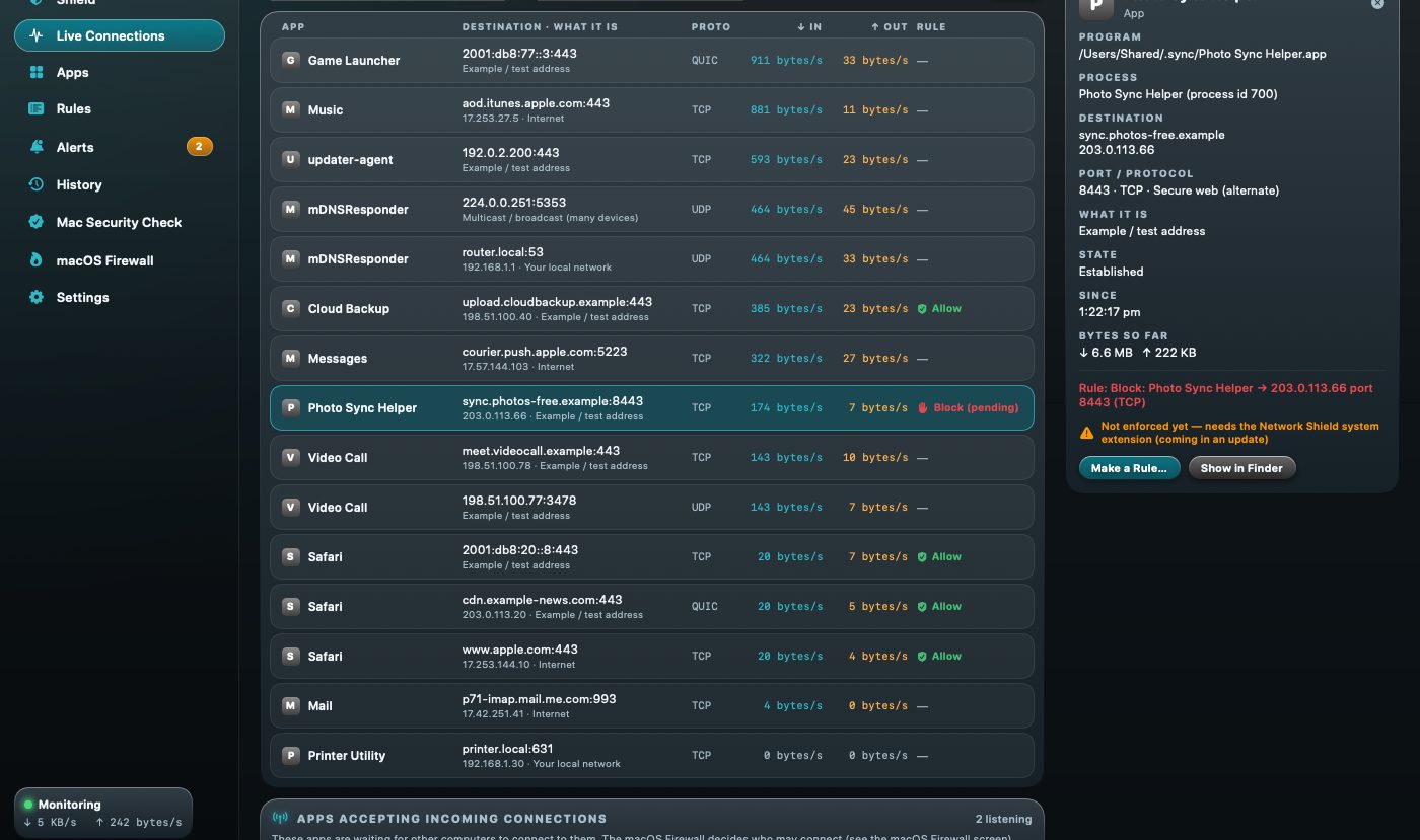 SWSO Network Shield Live Connections list showing apps, destinations and speeds