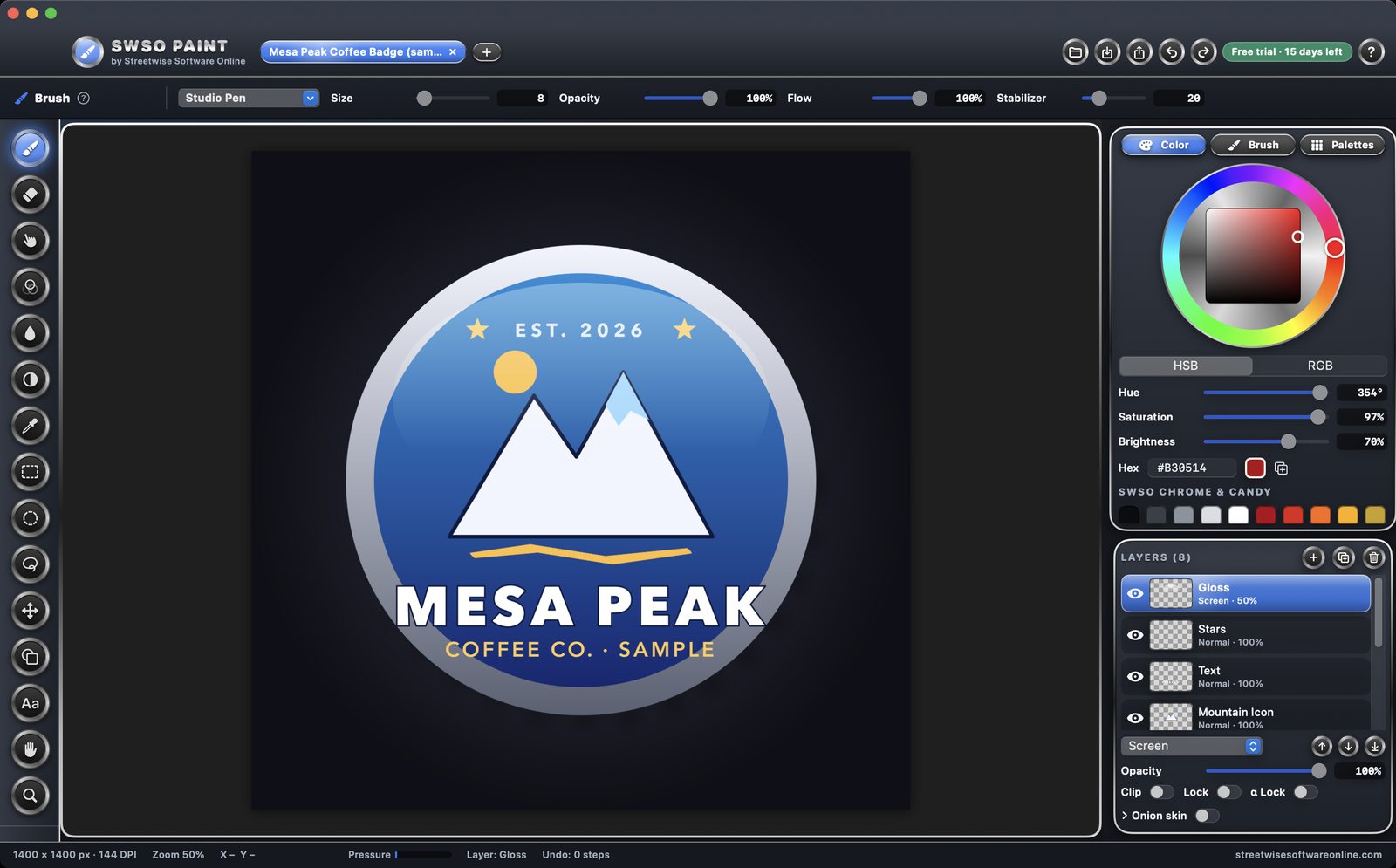 SWSO Paint with the Mesa Peak coffee badge sample open, showing the color wheel and layers panel