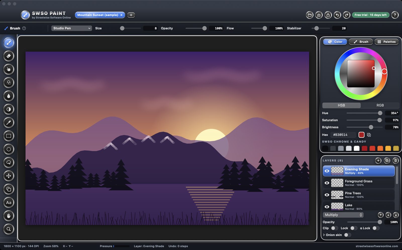 SWSO Paint with the Mountain Sunset sample, painted in layers with blend modes