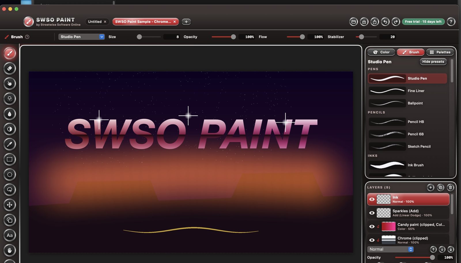 SWSO Paint brush panel with pen, pencil and ink presets next to chrome lettering