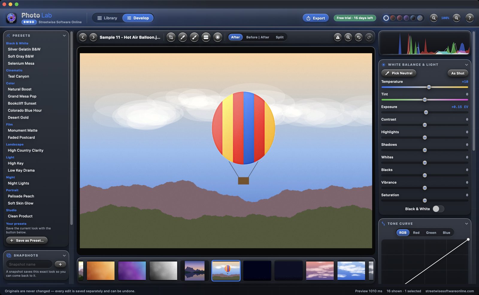 SWSO Photo Lab Develop screen editing a hot air balloon photo with the adjustment panels