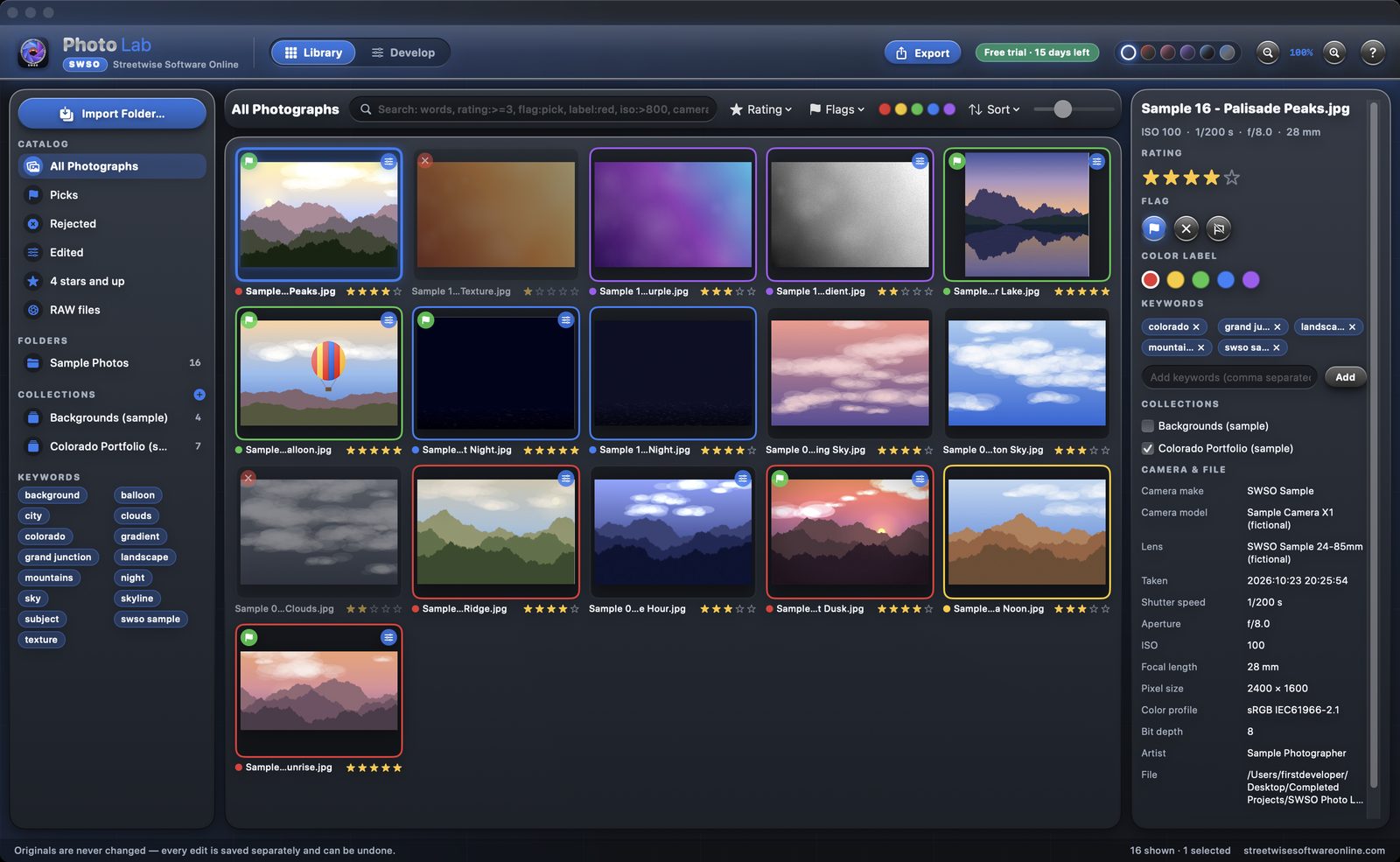 SWSO Photo Lab library grid with the sample photo catalog, ratings and filters