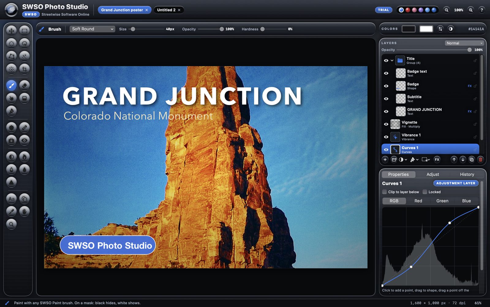 SWSO Photo Studio with a layered Grand Junction poster, the layers panel and a Curves adjustment layer
