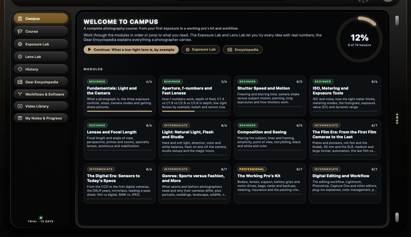 SWSO Photography University campus screen with the 12 course modules